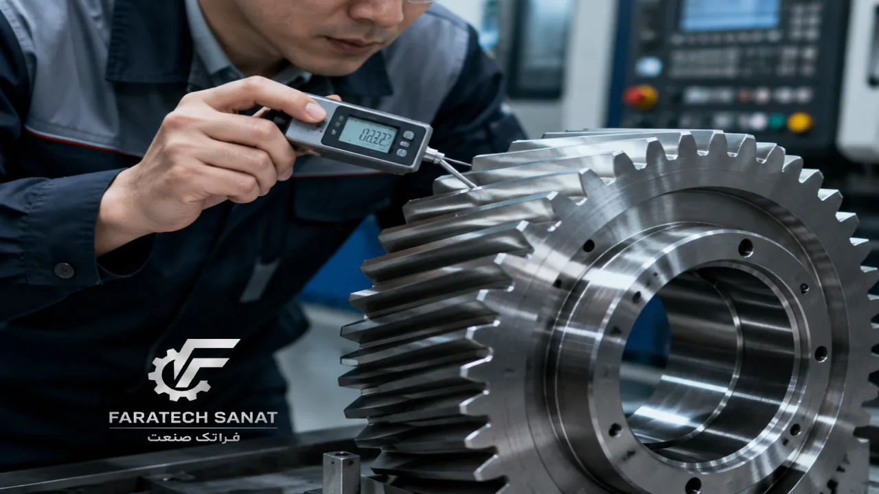 مهندس در حال کنترل کیفیت و بررسی زبری سطح قطعه ماشین کاری شده