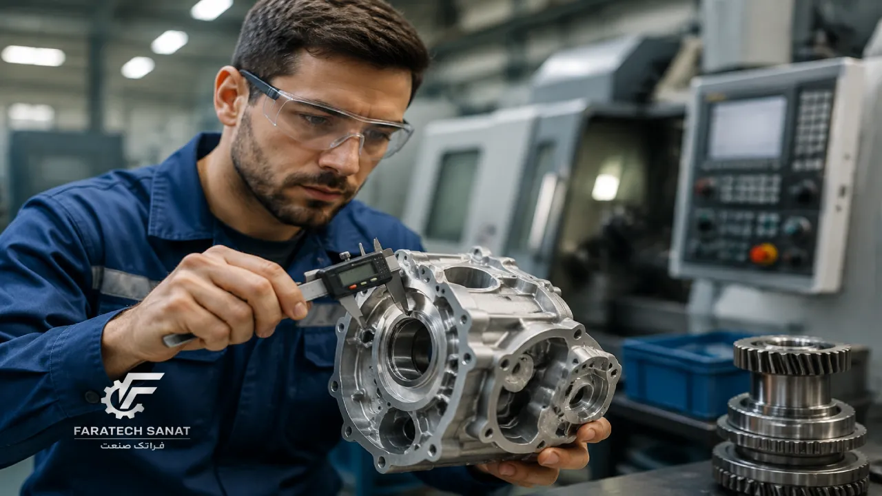 بازرسی کیفیت قطعه گیربکس خودرو توسط مهندس مکانیک با کولیس دیجیتال